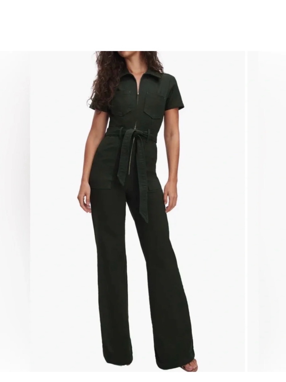 Good American Women's Dark Green Denim Jumpsuit with Tie Belt